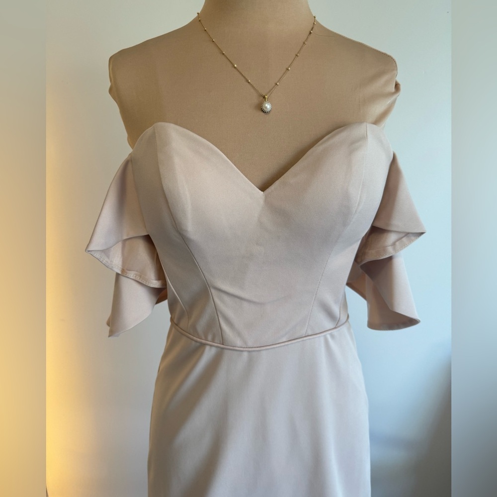 Kleinfeld off shoulder formal dress in dusty beige, neutral color